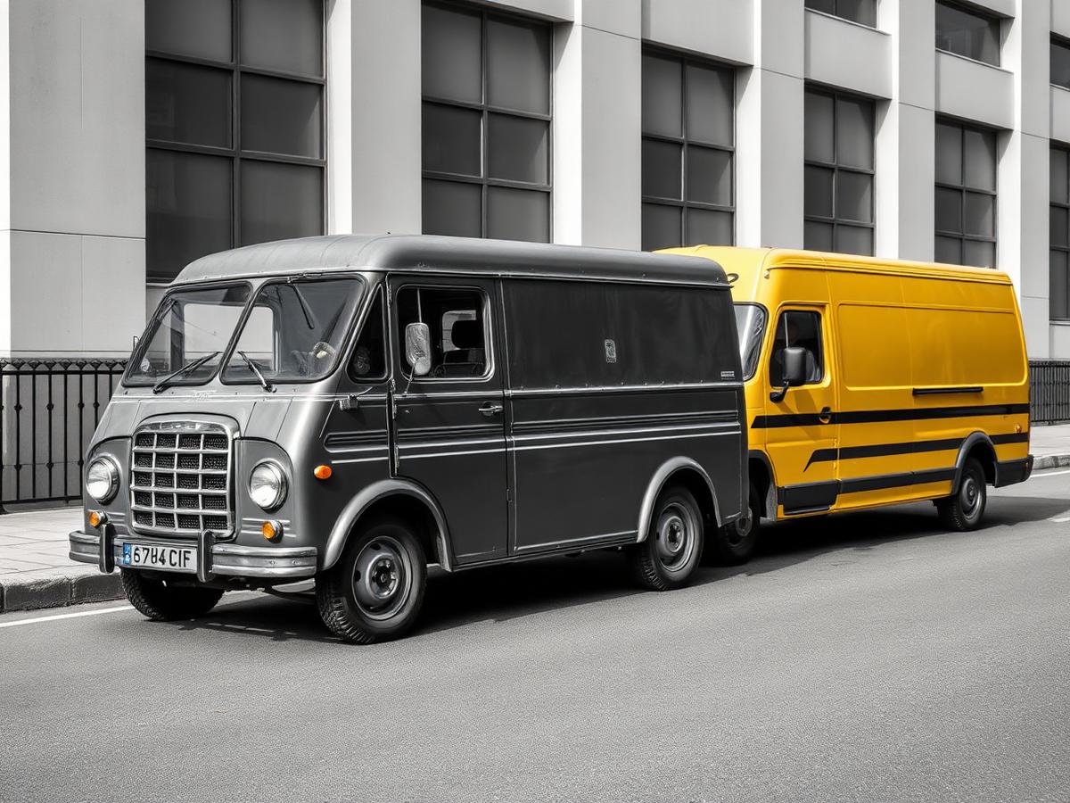 Vintage American Shipping & Logistics van beside a modern yellow delivery van