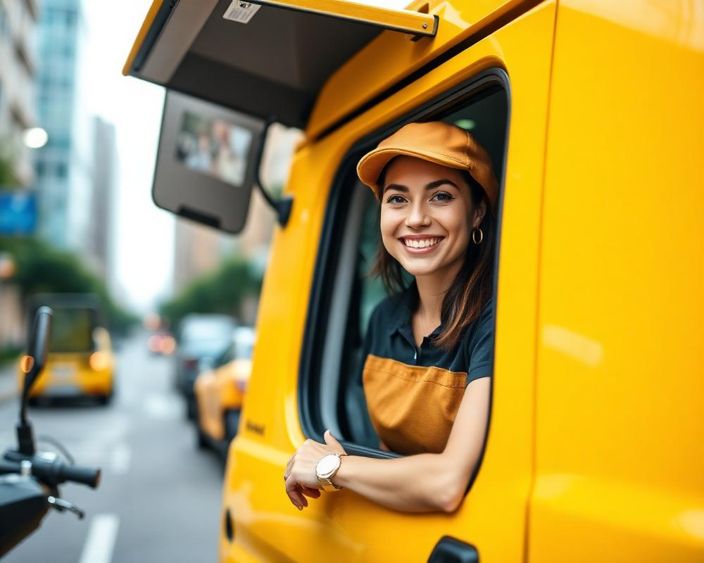 American Shipping & Logistics delivery driver in a yellow van