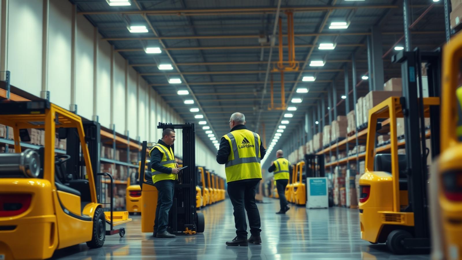 Automated fulfilment warehouse with yellow forklifts